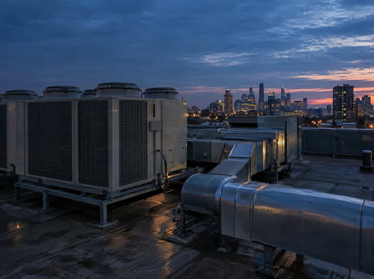 Commercial air-conditioning units on a rooftop at dusk