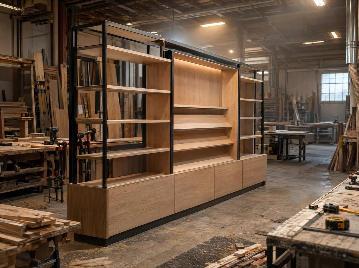 A custom oak and steel display unit in a joinery workshop