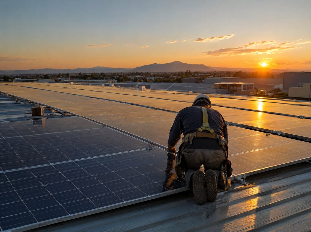 An installer fitting solar panels on a warehouse roof at sunset