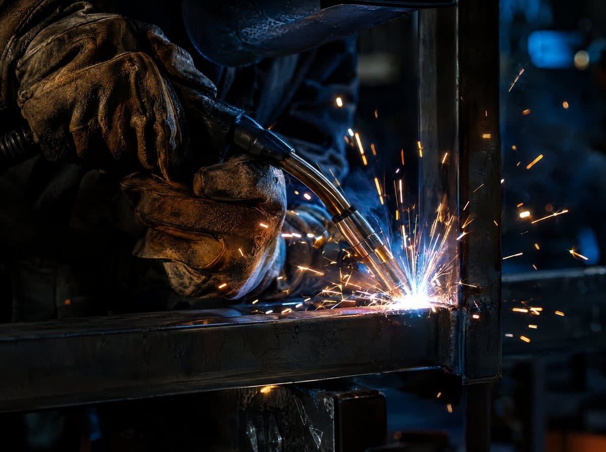Close-up of a welder joining steel, sparks flying