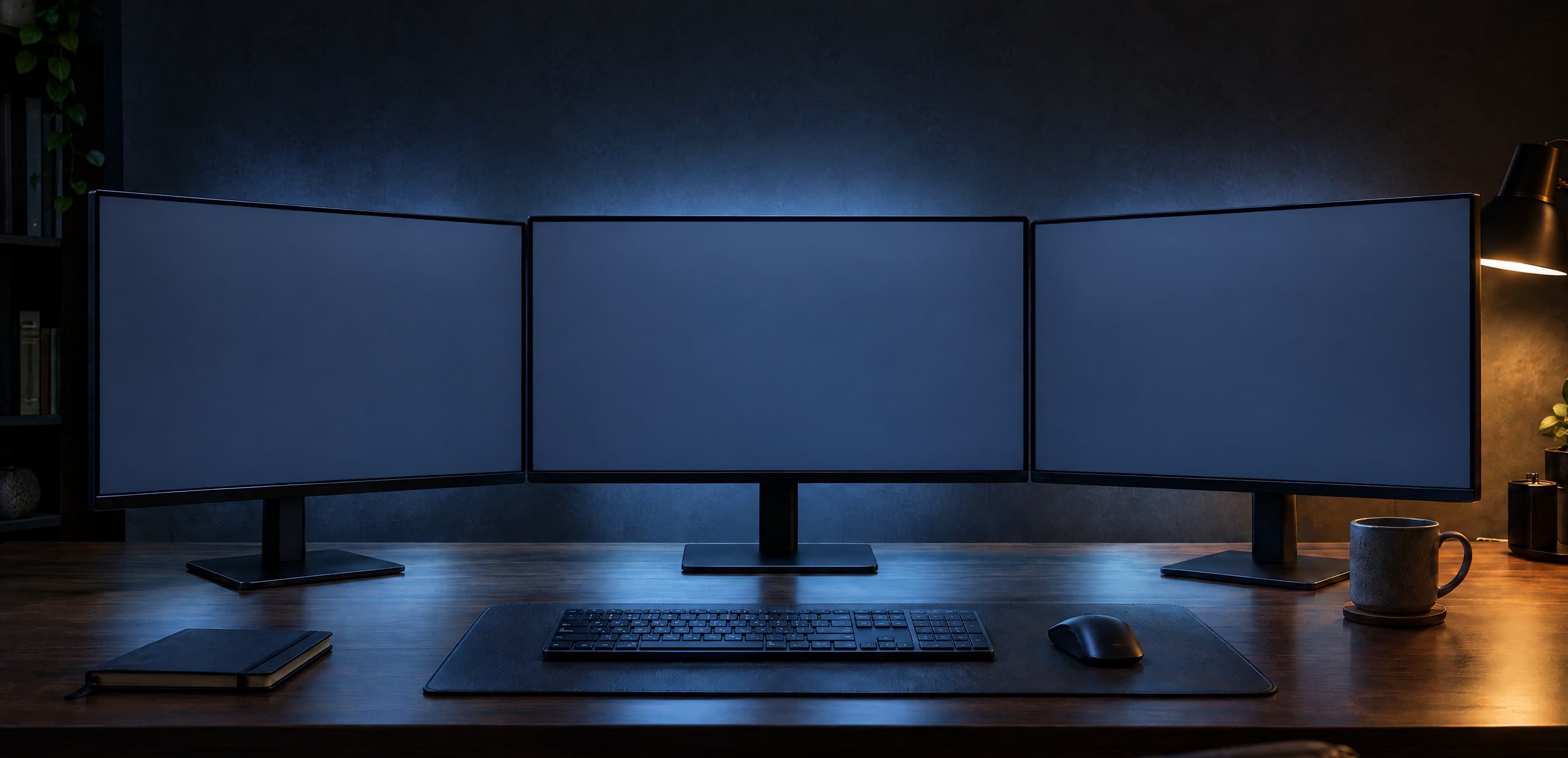 A desk in a dark room with three monitors showing quote requests arriving and being answered