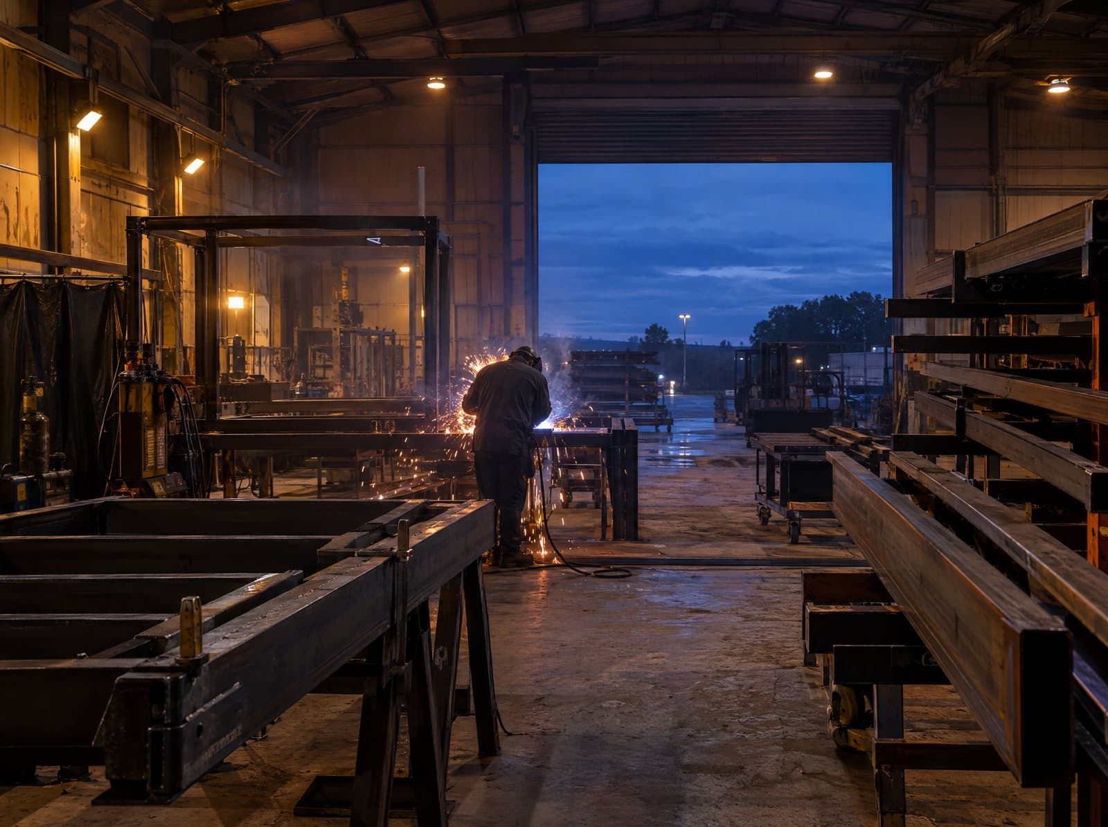 A busy steel fabrication workshop at dusk, full of work