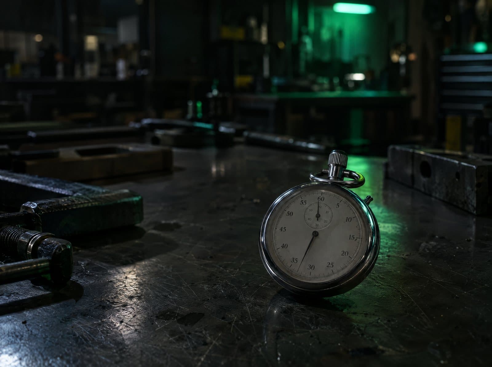 A stopwatch on a steel workbench in a dark workshop